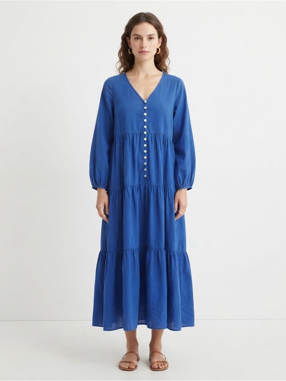 New NWT Devotion Twins Royal Blue Tiered Button Midi Dress Size S